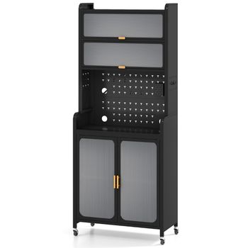 Costway Armario de Cocina de 6 Niveles con Ruedas Patas Fijas Puertas Abatibles Transparentes y Estante Ajustable 79 x 37 x 192 CM Negro