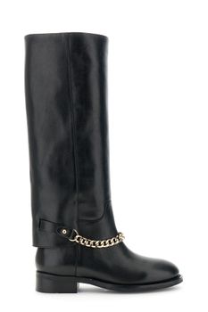 botas altas de piel con cadena dorada en el tobillo black