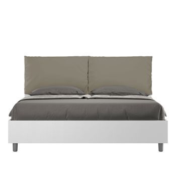 Cama Con Almacenaje 160x200 Fresno Blanco Cojines Cuero Sintético Capuchino Egos Antea