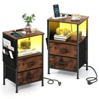 costway set de 2 mesitas de noche con carga usb y led con 2 cajones plegables y 1 compartimento y ruedas ajustables 38 x 30 x 60 cm marron