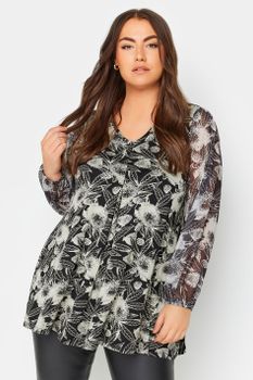 Yours Top Negro Floral De Pico Con Manga Malla, Mujer Curvy Y Tallas Grandes, Yours