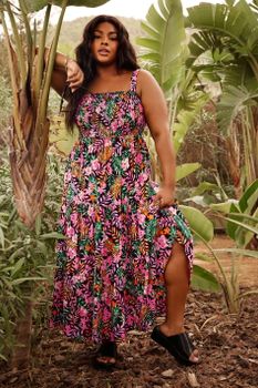Yours Vestido Largo Rosa Tropical De Tirantes Con Cuerpo Fruncido, Mujer Curvy Y Tallas Grandes, Yours