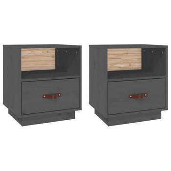 Juego De 2 Mesitas De Noche - Mesillas Madera Maciza Pino Gris 40x34x45 Cm Mc5726