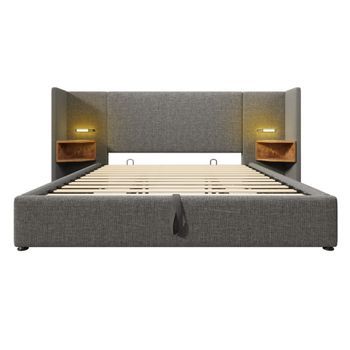 Cama Con Canapé De Lino De 180x200cm 2 Mesitas De Noche Con Luz De Lectura Y Función De Carga Con Somier Gris