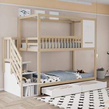 Litera Infantil 90 × 200 Cm De Madera Con Barandilla, Escalera Y Cajones