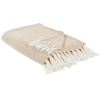 Colcha De Algodón Con Flecos Sala De Estar Dormitorio Textil Beige 200 X 220 Cm Toutli