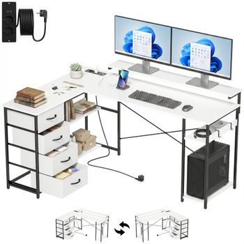 Escritorio En L Reversible De Madera Y Metal, Homcom, 155 X 112 Cm – Blanco