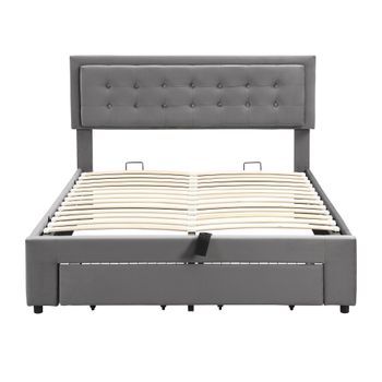 Litera Acolchada 140x190 Cm, Somier De Listones, Cabecera Regulable, Cama De Almacenamiento Hidráulica, 2 Cajones, Estructura De Madera, Terciopelo Gris, Capacidad 300 Kg, Resistente Y Estable, Fácil De Ensamblar