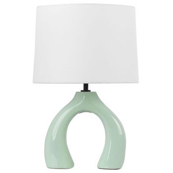 Lámpara De Cerámica De Sobremesa Con Pantalla De Tambor De Lino Base Minimalista Verde Claro Abbie