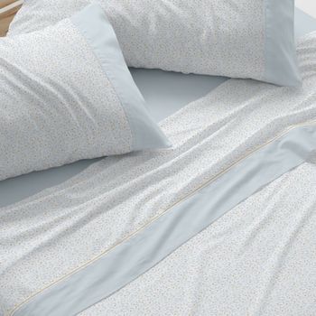 Juego De Sábanas 50% Algodón Diseño Naif Azul 150 X 190/200 Cm - Azul - Burrito Blanco