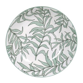 Plato hondo de porcelana blanca con motivo vegetal verde