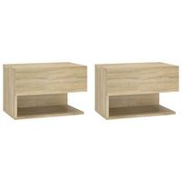 conjunto de 2 mesitas de noche de pared con cajon y estante en madera de ingenieria color roble dec036067