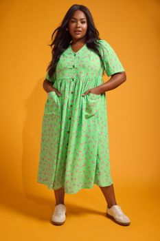 Yours Vestido Verde Floral Con Bolsillos, Mujer Curvy Y Tallas Grandes, Yours