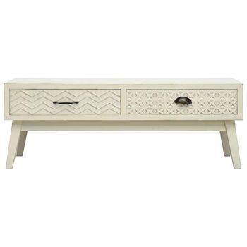 Mesa De Café - Mesa De Centro Con 2 Cajones Tallados Madera Gris 110x50x40 Cm