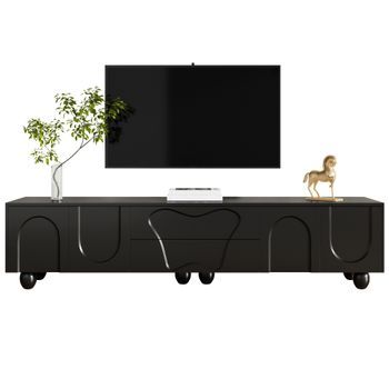 Mueble De Tv Negro 180 Cm, Mesa De Tv Con Patas De Madera Maciza, Cajones Y Puertas, Acabado Mate