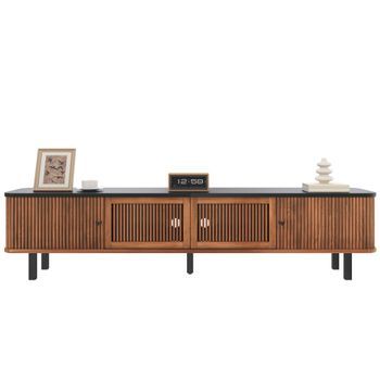 Mueble De Tv Moderno 190 Cm Con Puertas Correderas Y De Rejilla, Mdf Y Patas De Hierro, Color Nogal