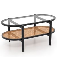 costway mesa centro 2 niveles ovalada con tablero vidrio templado estante mimbre marco madera curvada para salon sala espera negro