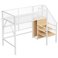 cama alta metalica blanca de 90 x 200 cm con led y escalera de almacenaje