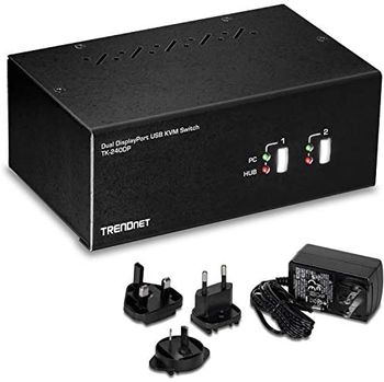 TRENDnet, TK-240DP, Conmutador KVM DisplayPort de 2 puertos para monitor doble con audio, concentrador USB 2.0 de 2 puertos, resoluciones 4K UHD de hasta 3840 x 2160, conecta dos monitores DisplayPort
