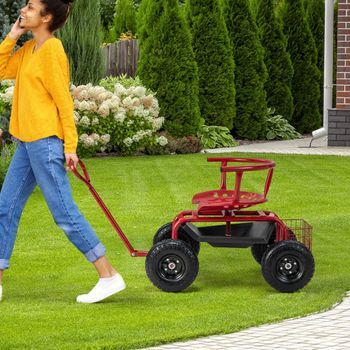 Carrito De Jardinería Rodante Con Asiento Giratorio Mango Extensible Para Exteriores Rojo Y Negro