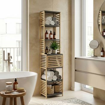 Estantería De Baño Kydesby De 6 Niveles Bambú 170x39x30cm Natural/gris [en.casa]