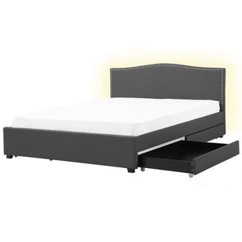Cama Tapizada En Poliéster Gris 180 X 200 Cm Diseño Tradicional Con Cabecero Glamour Con Almacenaje Y Led Blanca Montpellier
