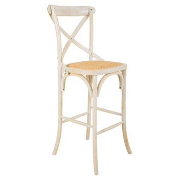 Taburete de madera y asiento de ratán blanco 45x53x75/116