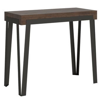 Consola Extensible Konta De Diseño En Madera Y Acero Antracita 90x40/196 O 90x40/300-color Marrón-soporte 2 Pies-5 Alargaderas Finas