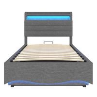 cama tapizada 90x200 cm - con iluminacion led mecanismo hidraulico puertos usb y tipo-c compartimento y estantes tela de lino - gris