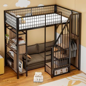 Cama Alta De Metal 90 X 200 Cm Con Escalera Y Espacio De Almacenamiento