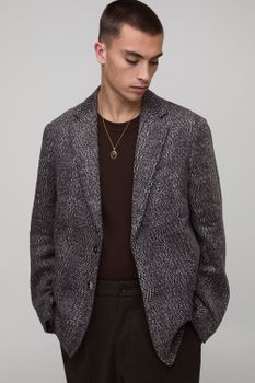 Oversized Herringbone Wrap Front Suit Jacket, Gris