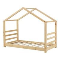 cama infantil casita tipo cabana con somier de laminas de madera de pino natural 80 x 160 cm 030005499