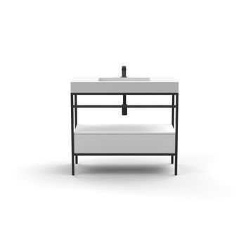 Mueble De Baño Con Estructura En Aluminio Color Negro - Lavabo De Resina Blanca - Cajón En Madera Acabado Blanco Mate Y De Gran Capacidad  - Medidas 80 Cm (ancho) X 46 Cm (fondo) X 90 Cm (alto)