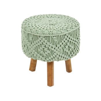 Taburete Reposapiés De Estilo Boho Hecho A Mano Macramé De Algodón Patas De Madera 40 X 40 X 44 Cm Verde Manzai