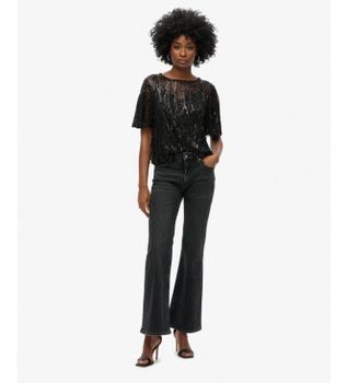 Superdry para mujer. W6011972A Camiseta transparente con lentejuelas negro (L), Casual, Fiesta, Poliéster, Manga corta