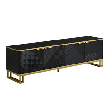 Mueble De Tv De 160 Cm Con Cuatro Puertas, Diseño Geométrico Negro Y Dorado