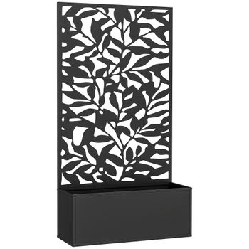 Outsunny Jardinera Elevada con Panel de Privacidad de Hojas Decorativas de Metal y Opción de Montaje en Pared 61x23x113 cm Negro