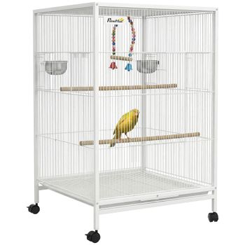 PawHut Jaula para Pájaros con Ruedas con Comederos Perchas Columpio y Bandeja Extraíble 48x46x78 cm Blanco