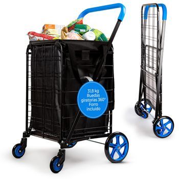Carrito De Compras Plegable Serenelife, Compacto Con Forro Impermeable Extraíble, Ruedas Giratorias 360°, Marco De Acero Resistente A La Corrosión, Capacidad De 32 Kg, Azul