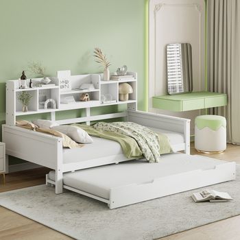 Sofá-cama Convertible 90x200 Cm, Cama Simple Plegable, Con Almacenamiento Y Somier De Listones, En Pino Macizo Blanco