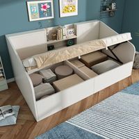 cama con almacenaje de 90 x 200 cm con 2 estantes - pino  aglomerado - puertos de carga usbtipo c - blanco colchon no incluido