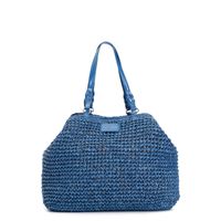 bolso tote de croche con charm de corazon de colores y borde de rafia blue