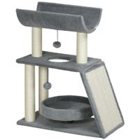pawhut mini rascador para gatos con postes de yute plataforma en u cama de felpa y juguetes colgantes 60x30x76 cm gris claro