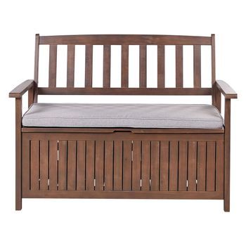 Banco De Jardín Con Almacenaje De Madera Maciza De Acacia 2 Plazas 120 Cm Oscuro Con Cojín Gris Sovana