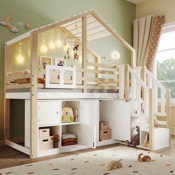 Cama Alta Infantil 90x200 Forma De Casa Con Escalera, Almacenaje Y Barreras