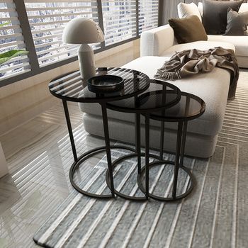 Set De 3 Mesas Nido Kyyjärvi Metal/cristal Templado Ahumado 58x Ø 50 Cm Negro/transparente [en.casa]