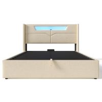 cama con canape 140x200cm tapizada en tela de lino con led y puertos de carga con somier beige
