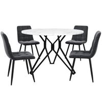 conjunto de comedor mesa redonda de 100 cm con base negra y 4 sillas grises efecto lino