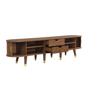 Conjunto De Muebles De Salón 2 Piezas, Mueble De Tv Color Nogal Y Mesa De Centro Elevable Ovalada, Mdf, Diseño Acanalado