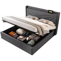 cama doble tapizada180x200 cm-usb tipo c-tela de lino-base de laminas incluida-gris